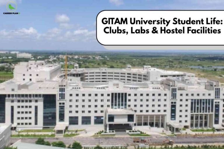GITAM University campus main academic building showcasing gitam university campus life with modern infrastructure, student facilities, and hostel environment