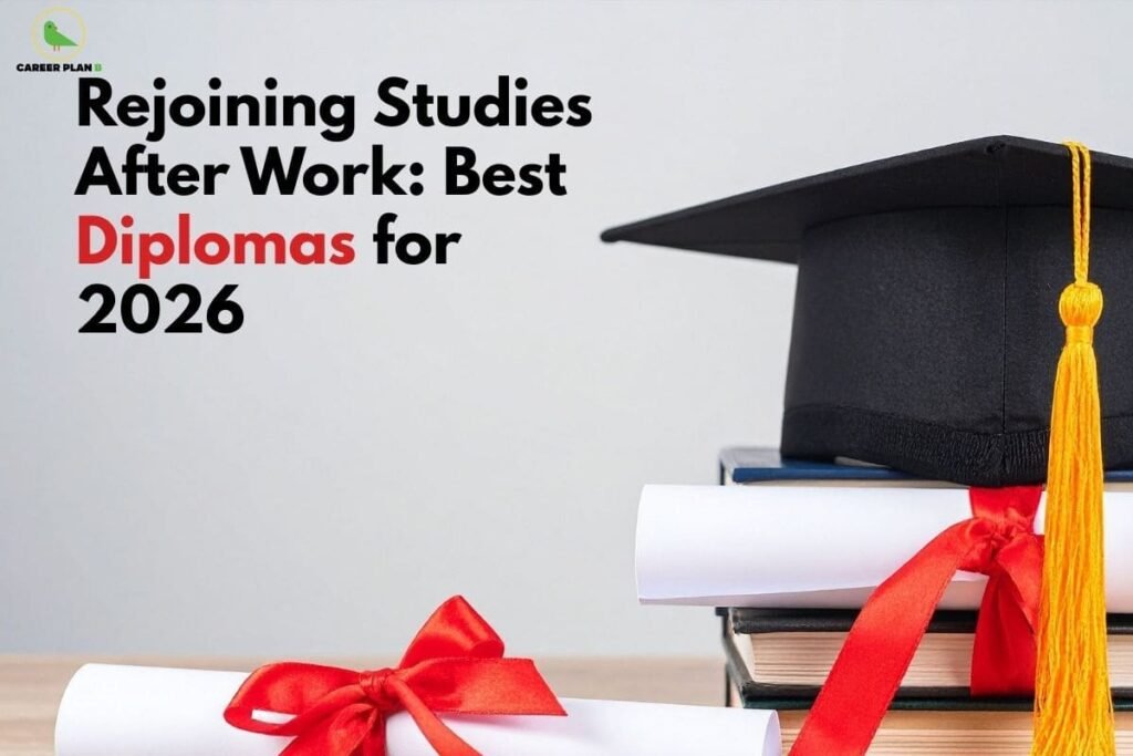 this image contains a Career Plan B educational banner with the headline “Rejoining Studies After Work: Best Diplomas for 2026,” showing the Career Plan B logo at the top left, a black graduation cap with a yellow tassel placed on a stack of books, and a rolled diploma tied with a red ribbon on a light background, symbolizing higher education, professional upskilling, and returning to studies after work experience.