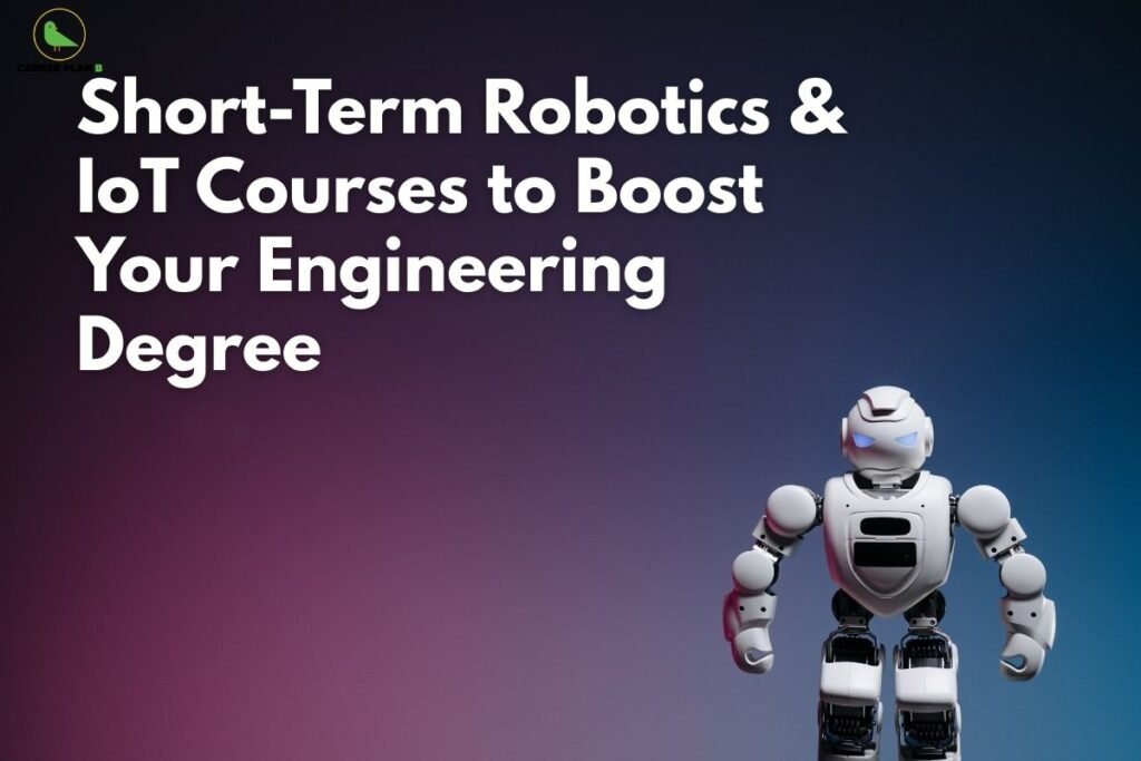 this image contains a Career Plan B educational banner with the headline “Short-Term Robotics & IoT Courses to Boost Your Engineering Degree” in bold white text on a dark blue and purple gradient background, the Career Plan B logo at the top left, and a small white humanoid robot with glowing blue eyes standing on the right, symbolizing robotics education, IoT training, emerging technology skills, and engineering career enhancement.
