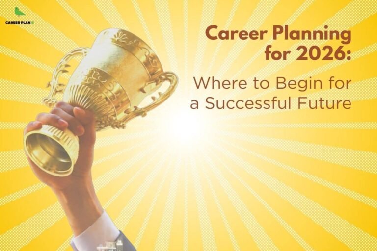 this image contains a Career Plan B educational banner with the text “Career Planning for 2026: Where to Begin for a Successful Future,” featuring the Career Plan B logo at the top left, a bright yellow background with radiating sunburst lines, and a hand holding up a golden trophy on the left, symbolizing achievement, goal setting, career success, and future-focused career planning.
