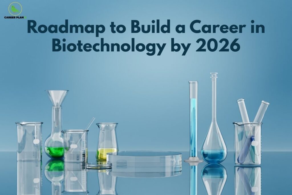 this image contains a Career Plan B educational banner titled “Roadmap to Build a Career in Biotechnology by 2026,” featuring the Career Plan B logo at the top left and a clean blue background with laboratory glassware arranged on a reflective surface, including beakers, flasks, test tubes, a funnel, a petri dish, and measuring cylinders filled with blue and green liquids, representing biotechnology education, lab research, science careers, and structured career planning.