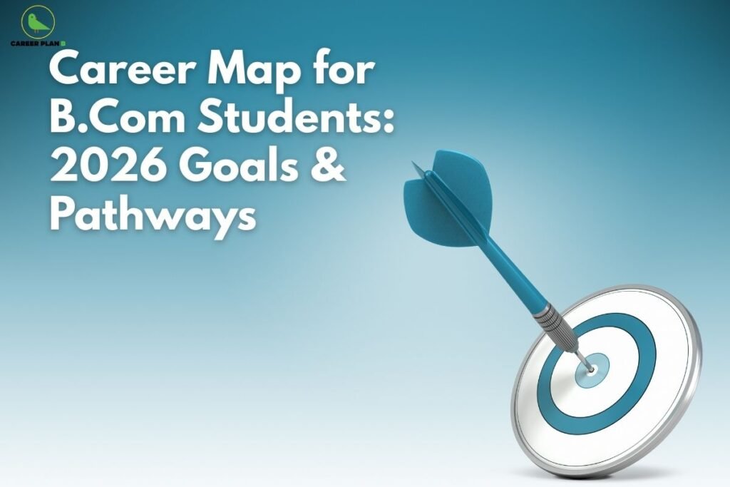 this image contains a Career Plan B educational banner with the headline “Career Map for B.Com Students: 2026 Goals & Pathways,” the Career Plan B logo at the top left, a clean blue gradient background, and a blue dart embedded in the center of a circular target on the right, symbolizing goal setting, strategic planning, career guidance, and clear career pathways for B.Com students planning their future by 2026.