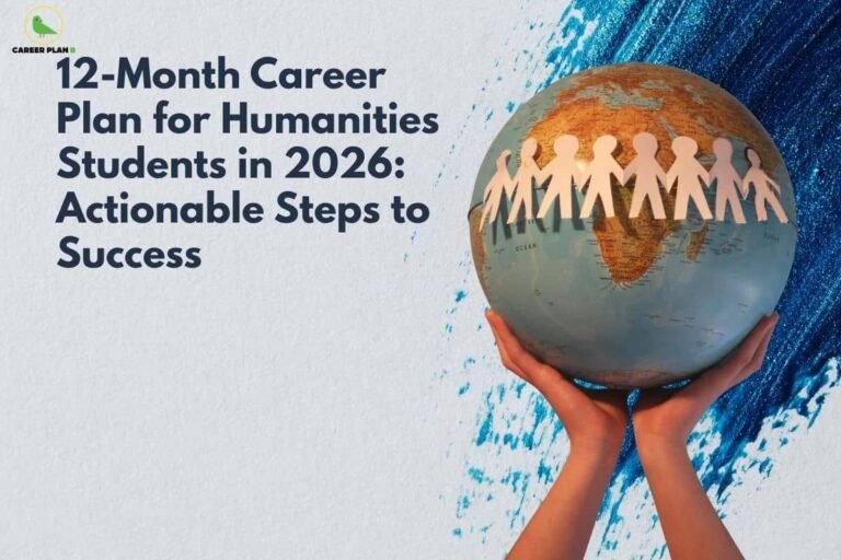 this image contains a Career Plan B educational banner with the headline “12-Month Career Plan for Humanities Students in 2026: Actionable Steps to Success,” the Career Plan B logo at the top left, and hands holding a globe on the right with paper-cut human figures linked in a circle around it, set against a textured white and blue background, symbolizing global opportunities, structured planning, and career pathways for humanities students.
