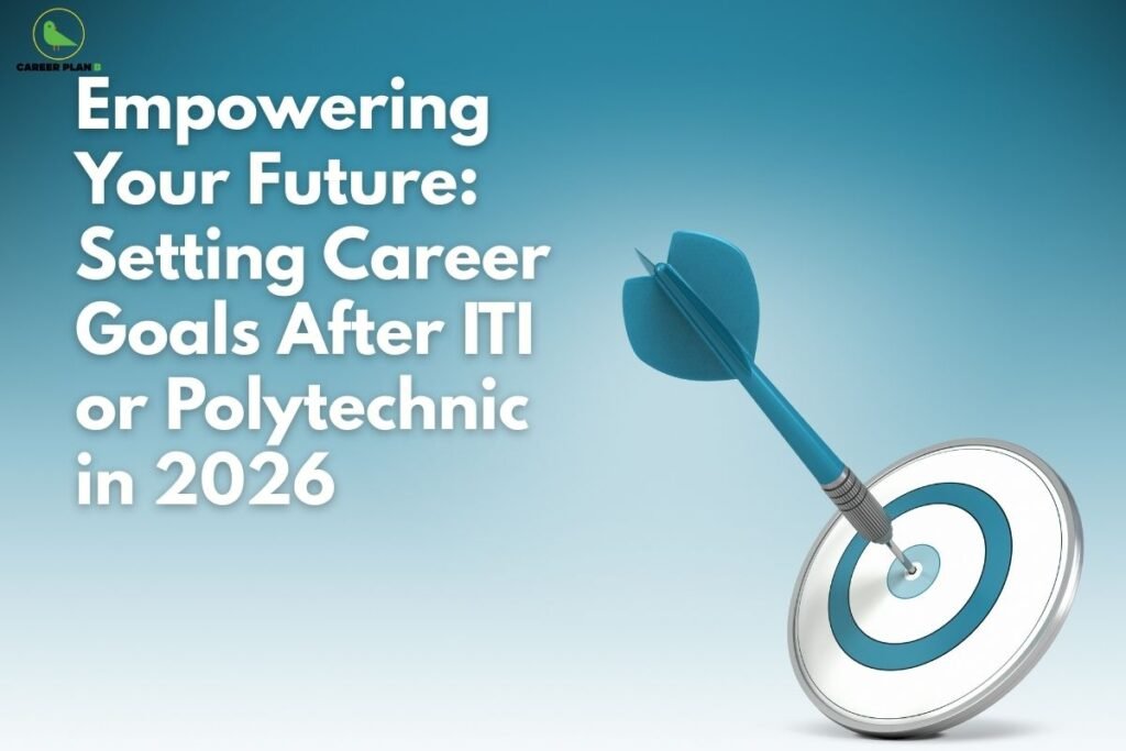 this image contains a Career Plan B educational banner with the headline “Empowering Your Future: Setting Career Goals After ITI or Polytechnic in 2026,” the Career Plan B logo at the top left, a clean blue gradient background, and a blue dart striking the center of a circular target on the right, symbolizing focused goal setting, skill-based education pathways, and career planning after ITI or polytechnic courses.