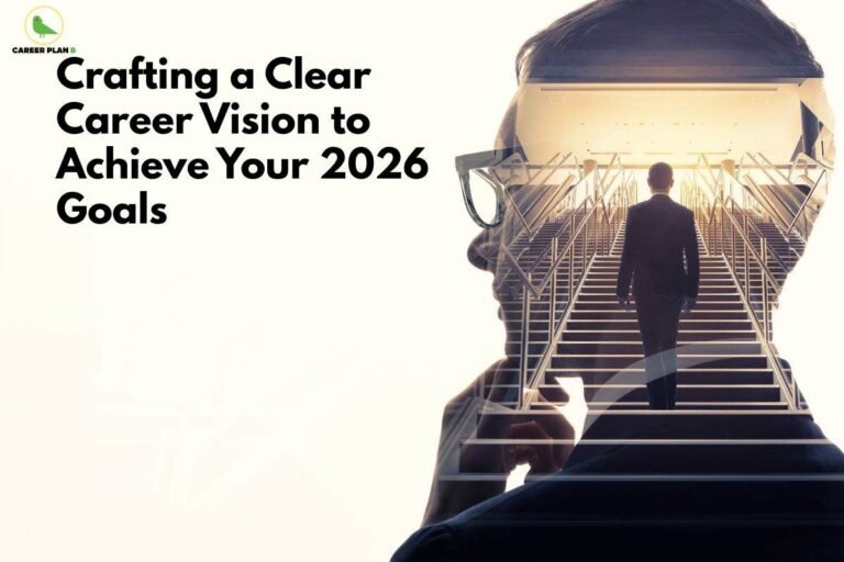 this image contains a career guidance banner with the Career Plan B logo, text “Crafting a Clear Career Vision to Achieve Your 2026 Goals,” and a double-exposure of a person in glasses with a businessman walking up stairs toward light.