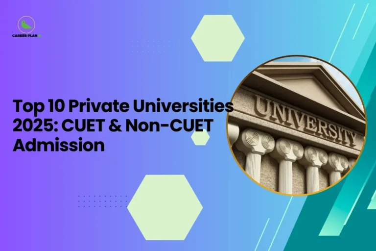 A professional featured image for an educational guide titled "Top 10 Private Universities 2025: CUET & Non-CUET Admission." The Career Plan B logo, consisting of a green bird icon inside a yellow circle, is placed in the top-left corner against a vibrant purple and teal gradient background. The graphic features a circular inset showing a close-up of a classic stone university building facade with "UNIVERSITY" carved in bold letters above architectural columns. This visual provides a comprehensive look at top private universities India for the 2025 academic session.