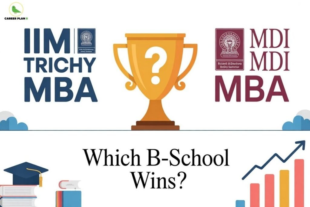 this image contains a Career Plan B comparison graphic showing “IIM Trichy MBA” on the left with the IIM Trichy logo, “MDI MBA” on the right with the MDI logo, and a golden trophy with a question mark in the center, with the text “Which B-School Wins?” below, along with icons of books, a graduation cap, and an upward growth chart, representing an MBA college comparison, business school choice, and career decision-making.