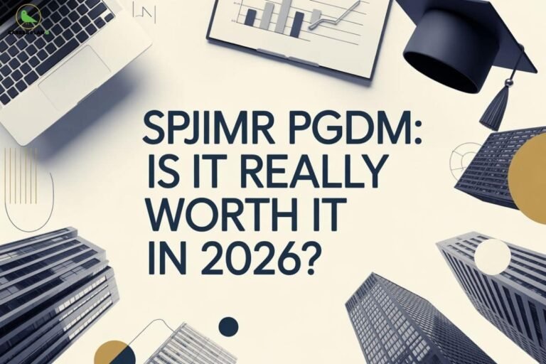 this image contains a Career Plan B educational banner with the headline “SPJIMR PGDM: Is It Really Worth It in 2026?” centered on a light background, surrounded by visuals of laptops, a graduation cap, business charts, and tall office buildings viewed from below, symbolizing management education, MBA decision-making, return on investment, and career outcomes linked to the SPJIMR PGDM program.