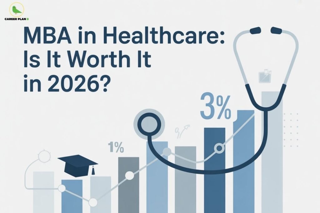 this image contains a Career Plan B educational banner with the headline “MBA in Healthcare: Is It Worth It in 2026?” on a clean white background, the Career Plan B logo at the top left, and a stylized bar chart showing upward growth labeled “1%” and “3%,” overlaid with a stethoscope forming a rising trend line and a graduation cap icon, symbolizing healthcare management education, career growth, ROI analysis, and future opportunities in healthcare MBA programs.