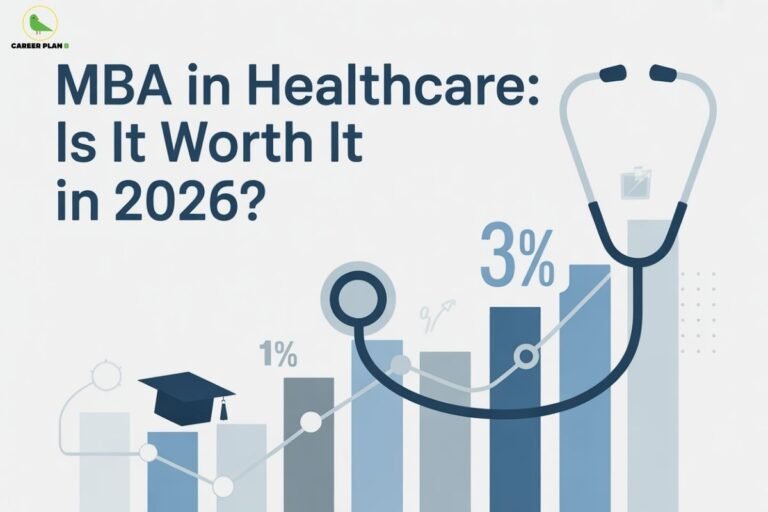 this image contains a Career Plan B educational banner with the headline “MBA in Healthcare: Is It Worth It in 2026?” on a clean white background, the Career Plan B logo at the top left, and a stylized bar chart showing upward growth labeled “1%” and “3%,” overlaid with a stethoscope forming a rising trend line and a graduation cap icon, symbolizing healthcare management education, career growth, ROI analysis, and future opportunities in healthcare MBA programs.