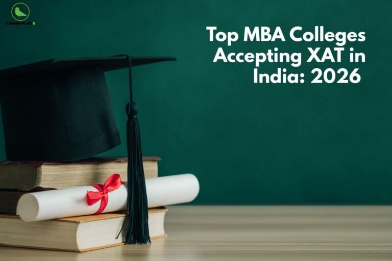 this image contains a Career Plan B educational banner with the headline “Top MBA Colleges Accepting XAT in India: 2026” on a dark green background, the Career Plan B logo at the top left, and a graduation cap placed on a stack of books beside a rolled diploma tied with a red ribbon on a wooden surface, symbolizing XAT exam acceptance, MBA admissions in India, higher education planning, and business school selection for 2026.