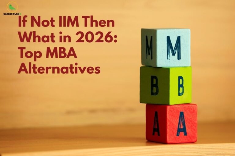 this image contains a Career Plan B banner with the text “If Not IIM Then What in 2026: Top MBA Alternatives,” and stacked colorful blocks labeled “MBA” on a wooden surface background.