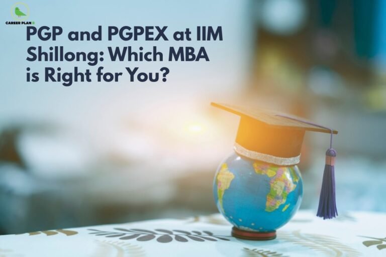 this image contains a Career Plan B banner with the text “PGP and PGPEX at IIM Shillong: Which MBA is Right for You?” showing a graduation cap placed on a small globe with a soft blurred background.