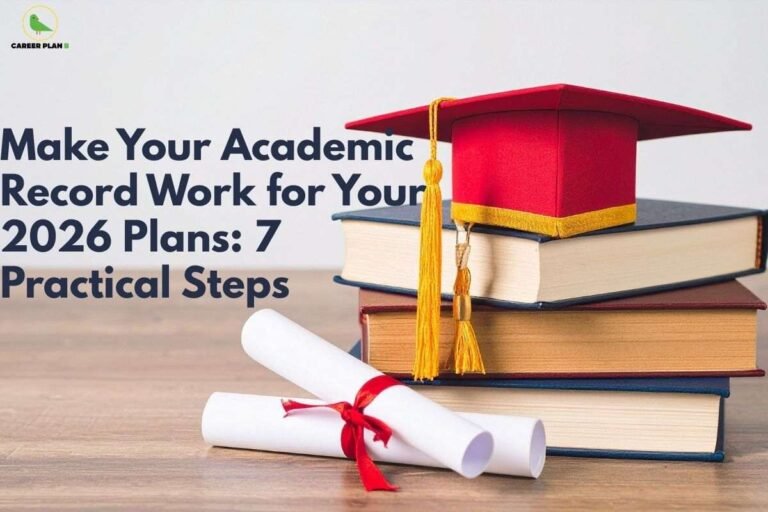 this image contains a Career Plan B academic planning banner with the text “Make Your Academic Record Work for Your 2026 Plans: 7 Practical Steps,” a red graduation cap on stacked books, and a rolled diploma with ribbon.