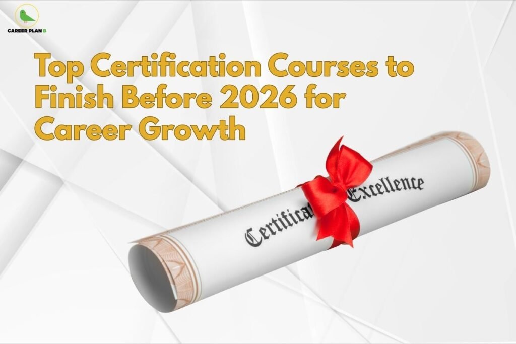 this image contains a Career Plan B banner with the heading “Top Certification Courses to Finish Before 2026 for Career Growth,” and a rolled certificate labeled “Certificate of Excellence” tied with a red ribbon on a geometric background.