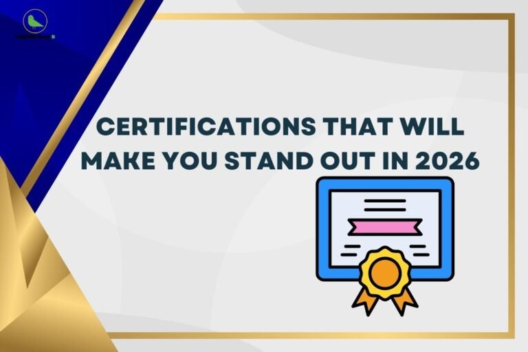 this image contains a Career Plan B banner with the text “CERTIFICATIONS THAT WILL MAKE YOU STAND OUT IN 2026,” a certificate badge illustration, and a blue and gold geometric frame on a light background.