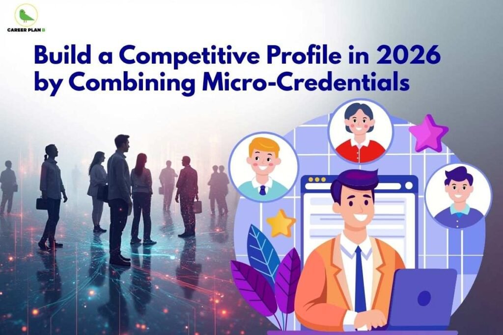 this image contains a Career Plan B banner with the text “Build a Competitive Profile in 2026 by Combining Micro-Credentials,” showing professionals in a digital network background and an illustration of a person with a laptop connected to profile icons.