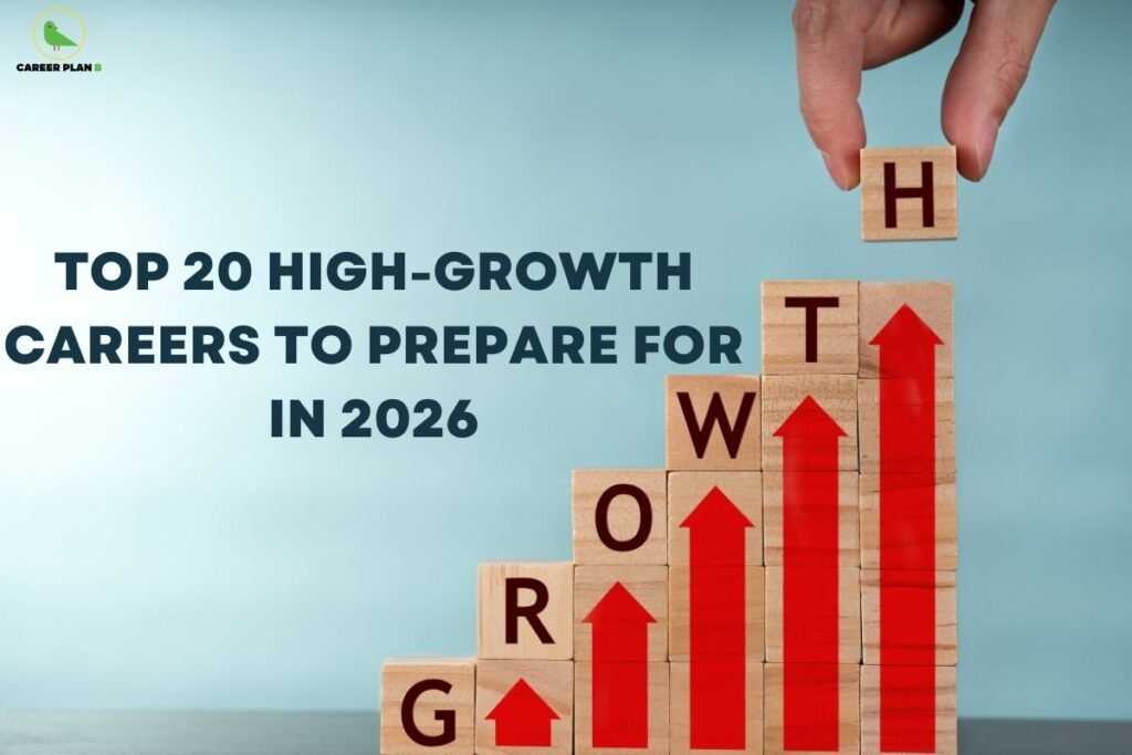 this image contains a Career Plan B banner with the text “TOP 20 HIGH-GROWTH CAREERS TO PREPARE FOR IN 2026,” showing wooden blocks spelling “GROWTH” with red upward arrows and a hand placing the top block.