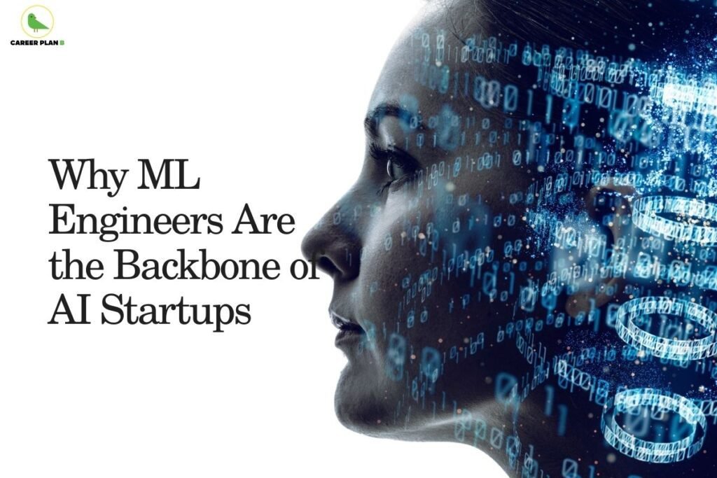 A conceptual profile silhouette of a person’s face overlaid with glowing blue digital data, binary code, and neural network patterns, representing artificial intelligence. The image features bold black text on the left that reads "Why ML Engineers Are the Backbone of AI Startups." In the top-left corner, the Career Plan B logo—a green bird icon inside a yellow circle—is clearly visible. This high-tech visual illustrates the critical role of ML engineers in the modern startup ecosystem.