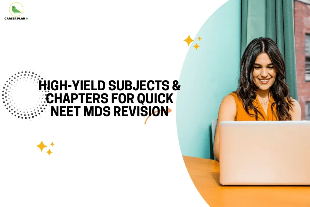 this image features a Career Plan B educational banner focused on exam preparation, with the headline “High-Yield Subjects & Chapters for Quick NEET MDS Revision” in bold black text on a clean white background. The Career Plan B logo appears at the top left, while the right side shows a smiling student working on a laptop against a teal backdrop. Minimal graphic elements like dotted patterns and spark icons add a modern touch, conveying efficient study, smart revision strategies, and focused preparation for NEET MDS aspirants aiming for maximum score improvement in a short time.