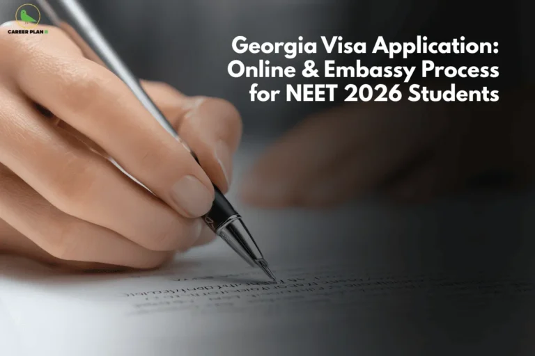 this image contains a Career Plan B educational banner showing a close-up of a student’s hand holding a pen and filling out a document, with the headline “Georgia Visa Application: Online & Embassy Process for NEET 2026 Students” in white text on a dark background, representing visa application steps, form filling, international medical education planning, and overseas admission guidance for NEET aspirants.