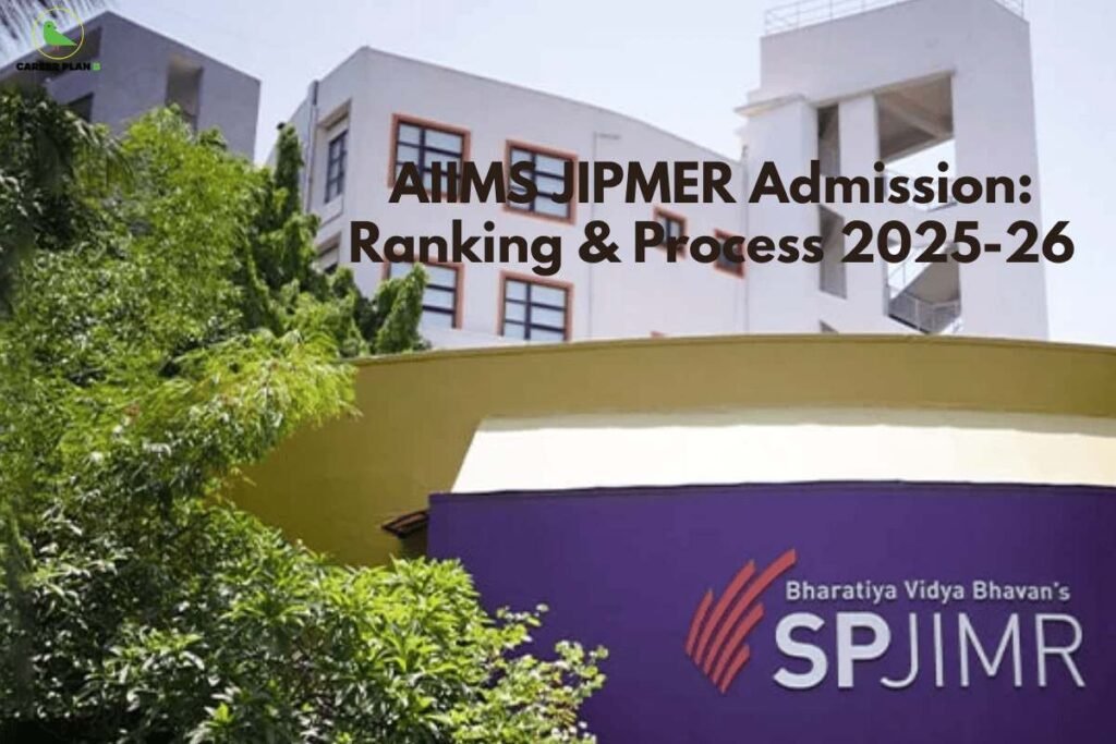 this image contains a Career Plan B banner with the text “AIIMS JIPMER Admission: Ranking & Process 2025-26,” showing a campus building with trees and a visible SPJIMR signboard in the foreground.