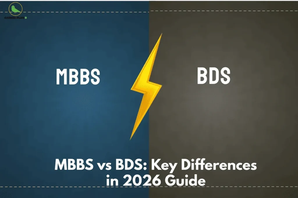 this image contains a Career Plan B comparison banner split into blue and dark backgrounds with “MBBS” on one side, “BDS” on the other, a yellow lightning bolt in the center, and the text “MBBS vs BDS: Key Differences in 2026 Guide.”