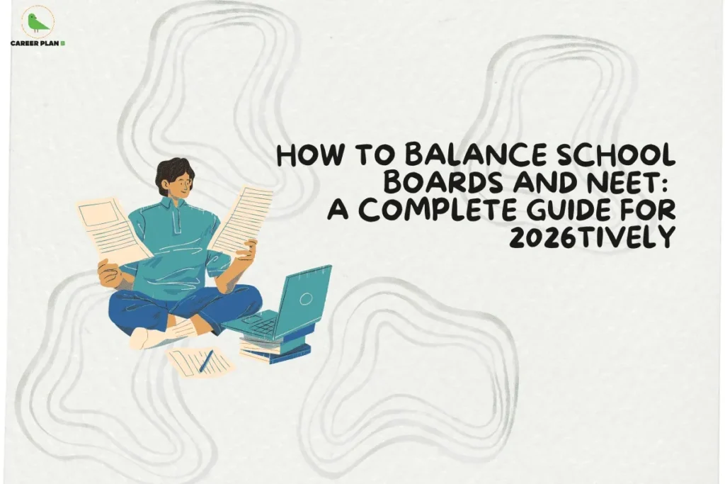 this image contains a Career Plan B banner with the text “HOW TO BALANCE SCHOOL BOARDS AND NEET: A COMPLETE GUIDE FOR 2026TIVELY,” featuring an illustration of a student sitting with papers, books, and a laptop on a textured background.