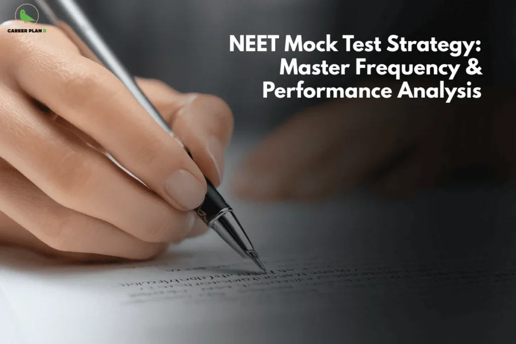 this image contains a close-up of a hand holding a pen writing on paper with a dark gradient overlay and the text “NEET Mock Test Strategy: Master Frequency & Performance Analysis,” plus the Career Plan B green bird logo in the top left, illustrating exam preparation strategy and analysis