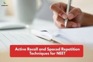 this image contains a close-up of a hand writing with a silver pen in an open notebook on a desk beside a keyboard, with a red banner reading “Active Recall and Spaced Repetition Techniques for NEET” and the Career Plan B green bird logo in the top left, representing exam preparation study methods