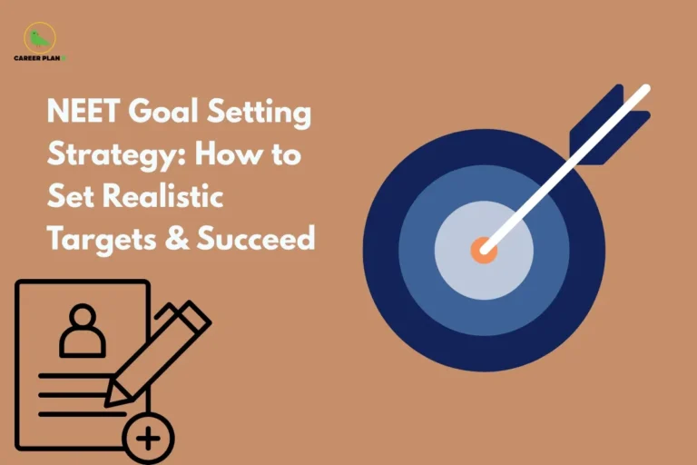 The image is a Career Plan B banner with the text “NEET Goal Setting Strategy: How to Set Realistic Targets & Succeed.” It features a target board with an arrow hitting the center and an icon of a profile with a pencil, symbolizing planning, goal setting, and exam preparation.