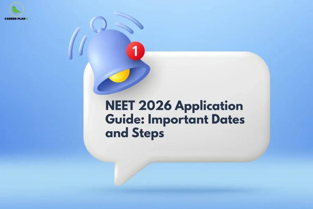 Illustration showing notification bell and message box with NEET 2026 application guide, representing NEET 2026 application process with important dates, registration steps, and form submission updates for medical aspirants.