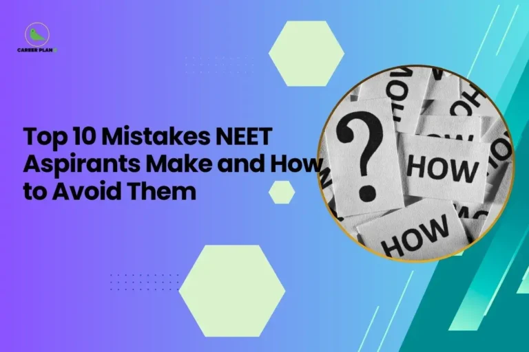 This image is a Career Plan B educational banner featuring a sleek purple-to-teal gradient background with minimal hexagonal design elements that give it a modern academic aesthetic. The headline reads, “Top 10 Mistakes NEET Aspirants Make and How to Avoid Them,” clearly focusing on exam strategy and common preparation pitfalls. On the right side, inside a circular frame, there is a black-and-white image of scattered paper cards displaying words like “HOW” and a large question mark, symbolizing confusion, doubts, and the need for clarity in preparation strategy. The Career Plan B logo with a green bird icon appears in the top-left corner, reinforcing the theme of structured guidance and smart planning for NEET aspirants.
