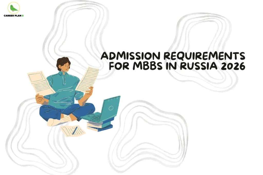 Illustration of student reviewing documents and laptop, representing mbbs admission in russia with admission requirements, eligibility criteria, and application process for Indian students in 2026.