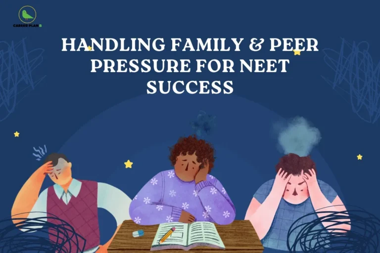 Illustration of stressed students studying at desk, representing how to handle neet exam pressure, including family expectations, peer comparison, and stress management during NEET preparation.
