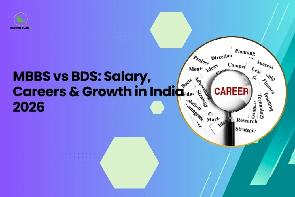 This image is a Career Plan B educational banner designed with a smooth purple-to-teal gradient background and subtle hexagonal graphic elements for a clean, modern academic appearance. The headline reads, “MBBS vs BDS: Salary, Careers & Growth in India 2026,” highlighting a comparative analysis of two major medical career paths. On the right side, inside a circular frame, there is an image of a magnifying glass focusing on the word “CAREER,” surrounded by related terms such as planning, success, research, and strategy. This visual symbolizes career evaluation, informed decision-making, and long-term growth planning. The Career Plan B logo with a green bird icon appears in the top-left corner, reinforcing the theme of guided academic and professional direction.