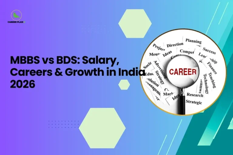 This image is a Career Plan B educational banner designed with a smooth purple-to-teal gradient background and subtle hexagonal graphic elements for a clean, modern academic appearance. The headline reads, “MBBS vs BDS: Salary, Careers & Growth in India 2026,” highlighting a comparative analysis of two major medical career paths. On the right side, inside a circular frame, there is an image of a magnifying glass focusing on the word “CAREER,” surrounded by related terms such as planning, success, research, and strategy. This visual symbolizes career evaluation, informed decision-making, and long-term growth planning. The Career Plan B logo with a green bird icon appears in the top-left corner, reinforcing the theme of guided academic and professional direction.