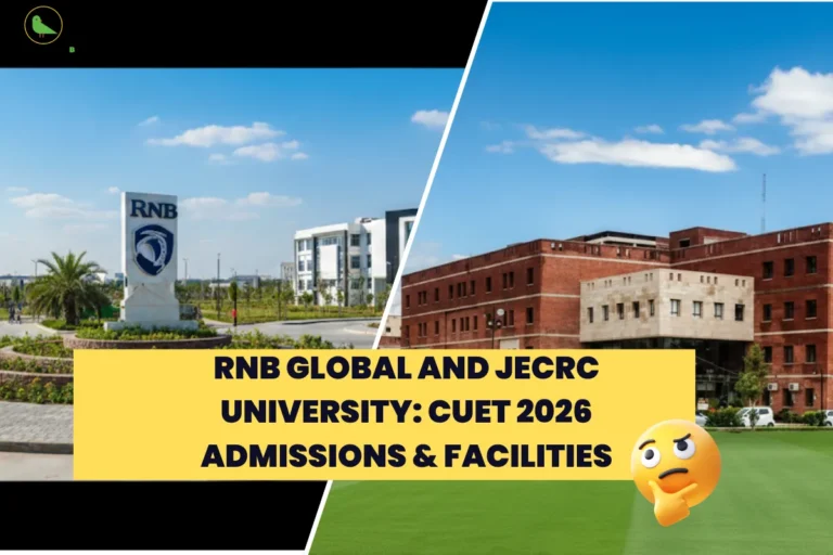 This image contains a Career Plan B educational infographic featuring a split-campus background showcasing RNB Global University on the left and JECRC University on the right, with the Career Plan B logo placed in the top-left corner displaying a green bird icon symbolizing structured academic guidance and informed career planning, and a bold yellow banner across the center reading “RNB Global and JECRC University: CUET 2026 Admissions & Facilities,” accompanied by a thinking emoji to suggest comparison and evaluation, visually highlighting CUET 2026 admission pathways, campus facilities, private university comparisons, infrastructure insights, student amenities, and strategic guidance for students exploring RNB Global University and JECRC University through CUET-based admissions.