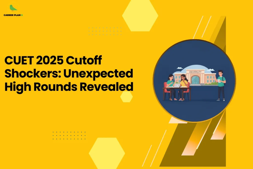 this image contains a yellow educational graphic with the text “CUET 2025 Cutoff Shockers: Unexpected High Rounds Revealed” and a circular illustration of students with a laptop in front of a university building, with geometric shapes and the Career Plan B green bird logo in the top left, representing admission insights and cutoff trends