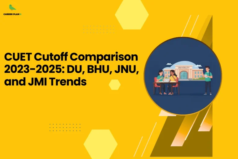 this image contains a yellow educational graphic with the text “CUET Cutoff Comparison 2023–2025: DU, BHU, JNU, and JMI Trends” and a circular illustration of students using a laptop in front of a university building, with geometric shapes and the Career Plan B green bird logo in the top left, representing cutoff comparison and admission trend analysis