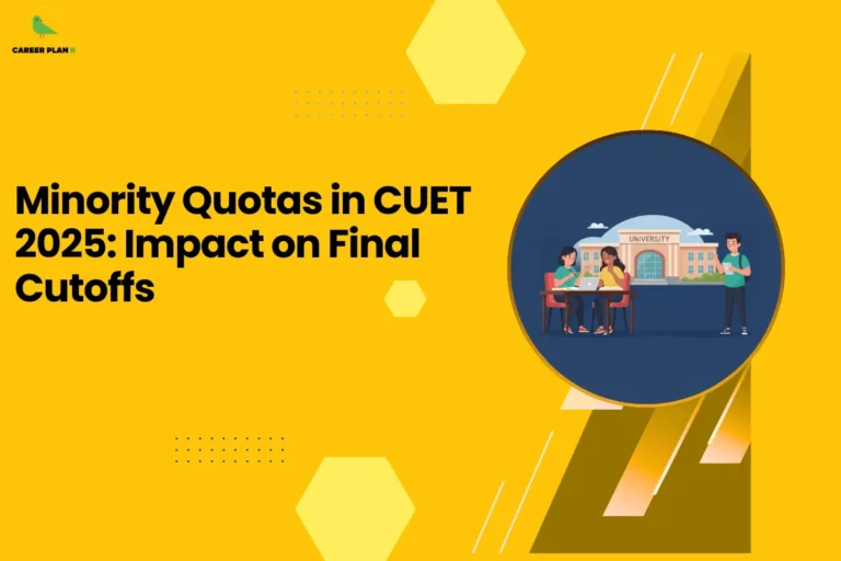 this image contains a yellow educational graphic with the text “Minority Quotas in CUET 2025: Impact on Final Cutoffs” and a circular illustration of students using a laptop in front of a university building, with geometric shapes and the Career Plan B green bird logo in the top left, representing admission policy analysis