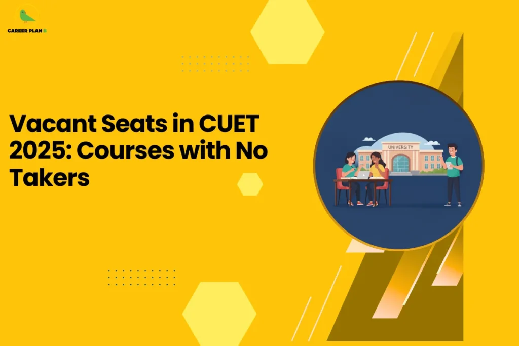 this image contains a yellow educational graphic with the text “Vacant Seats in CUET 2025: Courses with No Takers” and a circular illustration of students using a laptop in front of a university building, with geometric shapes and the Career Plan B green bird logo in the top left, representing seat availability insights