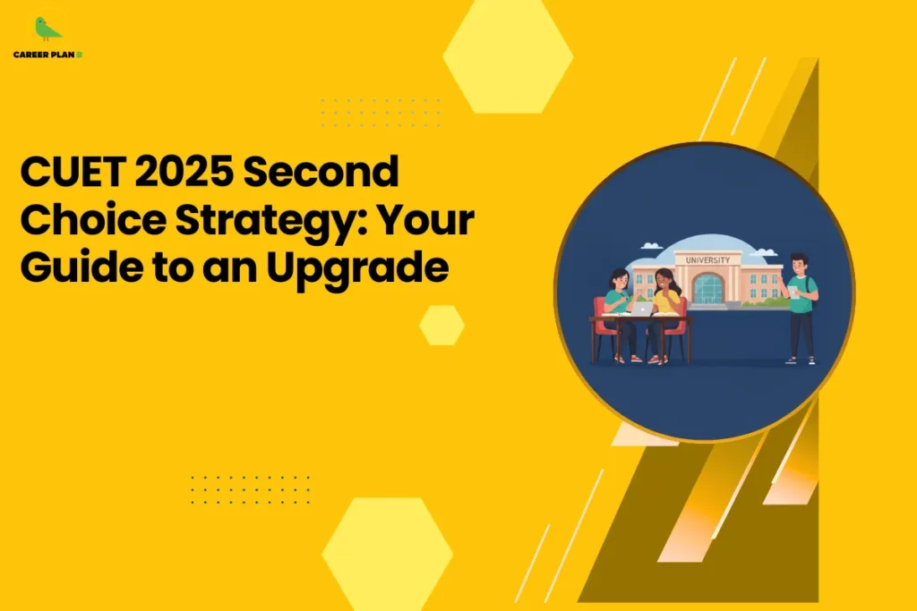 This image contains a Career Plan B educational infographic set against a bright yellow background with geometric hexagon accents, featuring the bold black headline “CUET 2025 Second Choice Strategy: Your Guide to an Upgrade,” along with the Career Plan B logo in the top-left corner displaying a green bird icon symbolizing structured academic guidance and informed career planning, and a circular illustration showing students in front of a university building, visually emphasizing CUET 2025 counseling strategy, preference reordering, seat upgrade opportunities, admission optimization techniques, and strategic guidance for students aiming to improve their allotted college or course through the second-choice upgrade process.