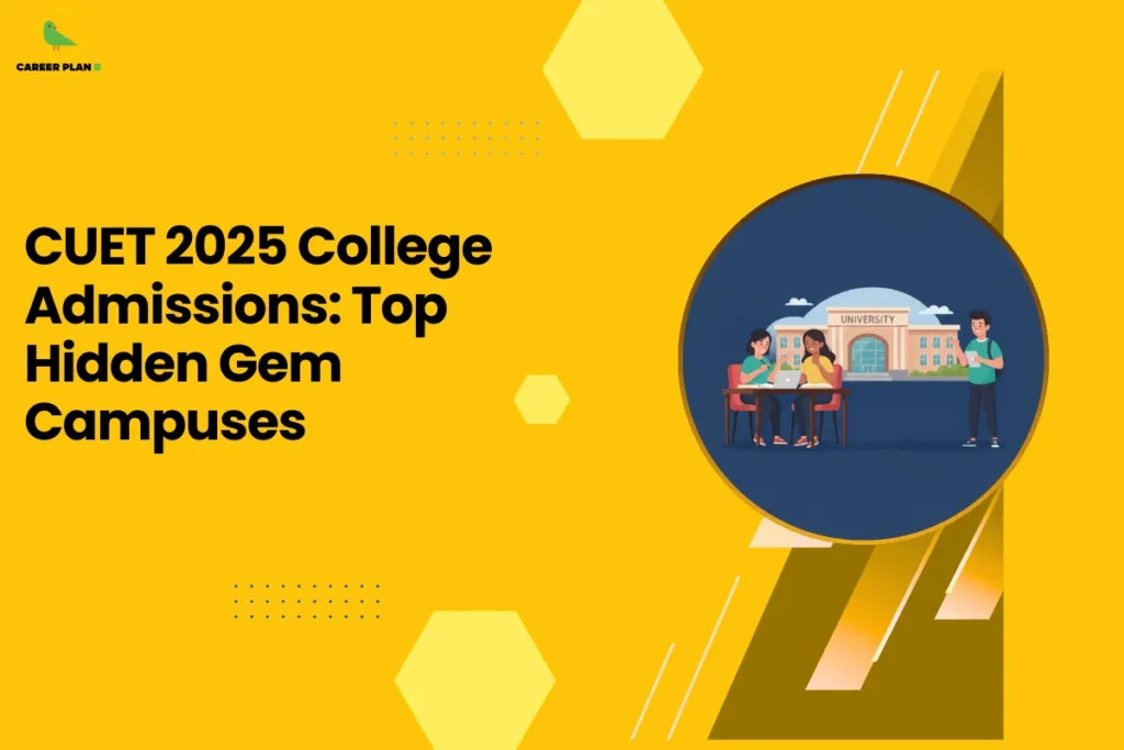 This image showcases a Career Plan B educational infographic designed on a bright yellow background with geometric hexagon accents, featuring the bold headline “CUET 2025 College Admissions: Top Hidden Gem Campuses,” along with the Career Plan B logo in the top-left corner displaying a green bird icon that represents structured academic guidance and informed career planning, and a circular illustration of students gathered in front of a university building, visually emphasizing lesser-known but high-potential campuses, strategic college selection during CUET 2025 admissions, alternative high-quality institutions beyond top-tier names, and smart decision-making for students aiming to secure strong academic and career outcomes.