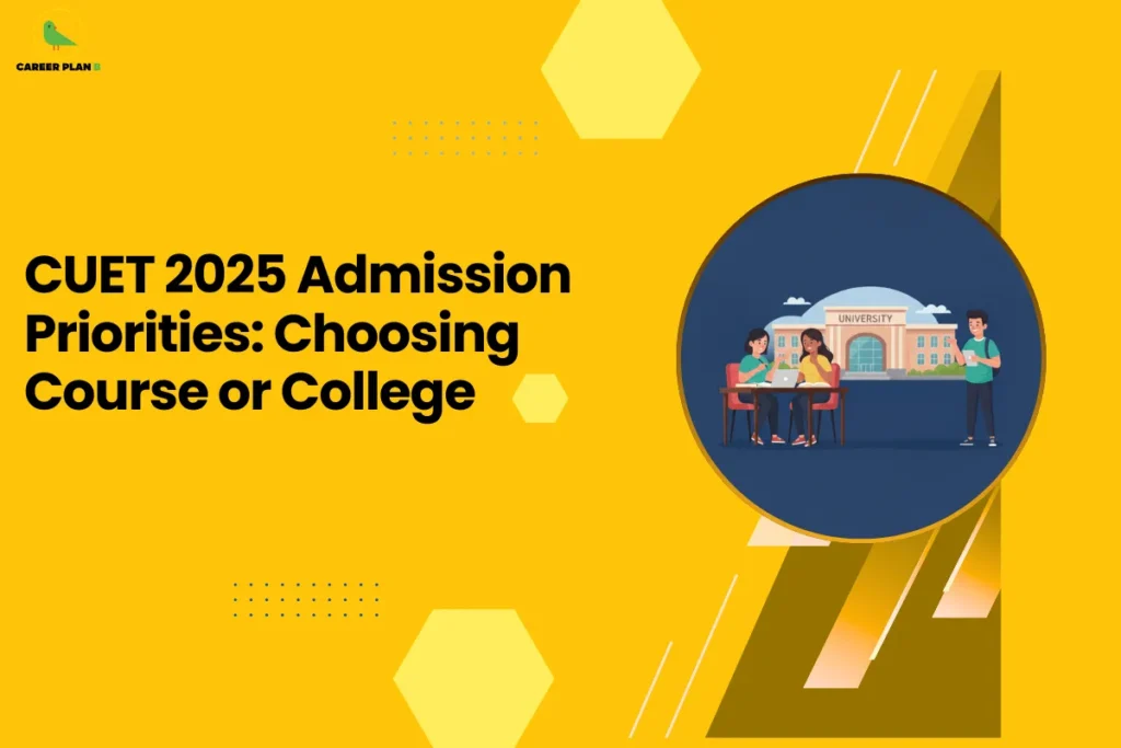 This image displays a Career Plan B educational infographic designed with a bright yellow background and geometric hexagon accents, featuring the bold headline “CUET 2025 Admission Priorities: Choosing Course or College,” along with the Career Plan B logo in the top-left corner showing a green bird icon that symbolizes structured academic guidance and informed career decision-making, and a circular illustration of students discussing in front of a university building, visually representing the critical decision between selecting the right course or the right college, strategic preference filling during counseling, long-term career planning considerations, and smart admission choices for CUET 2025 aspirants.