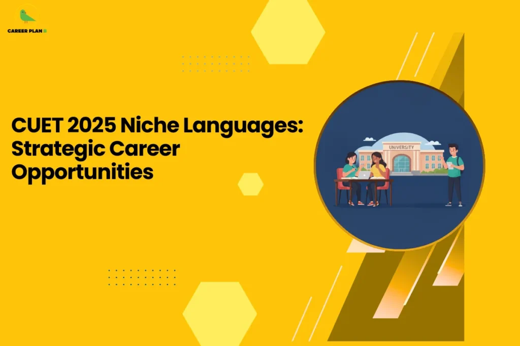 This image showcases a Career Plan B educational infographic set against a bright yellow background with geometric hexagon accents, featuring the bold headline “CUET 2025 Niche Languages: Strategic Career Opportunities,” along with the Career Plan B logo in the top-left corner displaying a green bird icon that represents guided academic planning and informed career decision-making, and a circular illustration of students collaborating in front of a university building, symbolizing specialized language programs, emerging global career pathways, interdisciplinary opportunities, and smart subject choices for students exploring niche language options through CUET 2025 admissions.