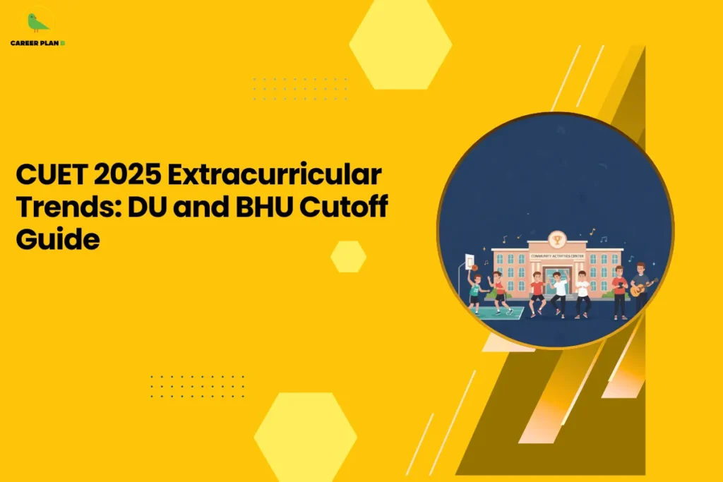 This image presents a Career Plan B educational infographic designed with a bright yellow background and geometric hexagon accents, featuring the bold headline “CUET 2025 Extracurricular Trends: DU and BHU Cutoff Guide,” along with the Career Plan B logo in the top-left corner displaying a green bird icon that symbolizes structured academic guidance and strategic career planning, and a circular illustration of students participating in music, sports, and cultural activities in front of a campus building, visually highlighting the role of extracurricular engagement, society participation, and competitive cutoffs at major universities like DU and BHU within the CUET 2025 admission landscape.
