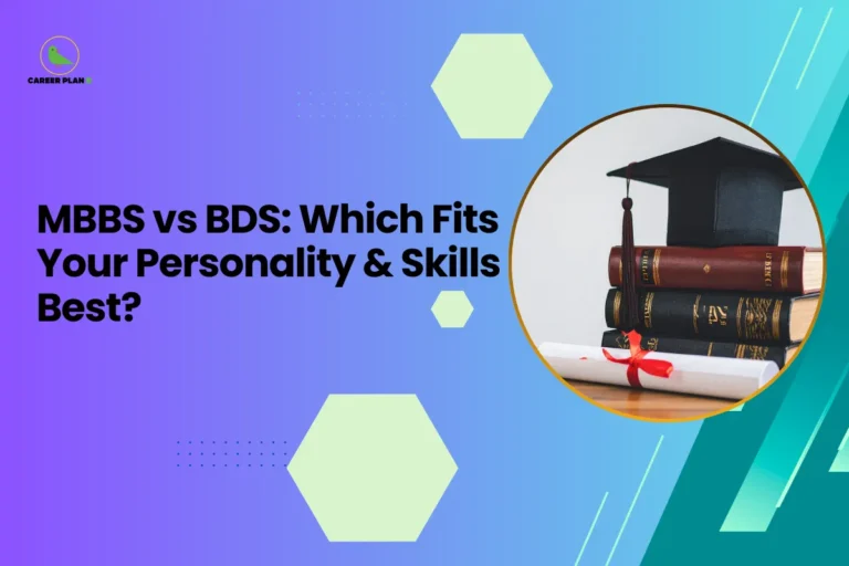 This image is a Career Plan B educational banner featuring a smooth purple-to-teal gradient background with subtle hexagonal design elements for a clean and modern academic look. The headline reads, “MBBS vs BDS: Which Fits Your Personality & Skills Best?” emphasizing a personalized career comparison approach between the two medical pathways. On the right side, inside a circular frame, there is an image of stacked books topped with a graduation cap and a rolled diploma tied with a red ribbon. This visual symbolizes higher education, professional qualification, and informed decision-making about future careers. The Career Plan B logo with a green bird icon appears in the top-left corner, reinforcing the theme of guided academic planning and strategic career support.