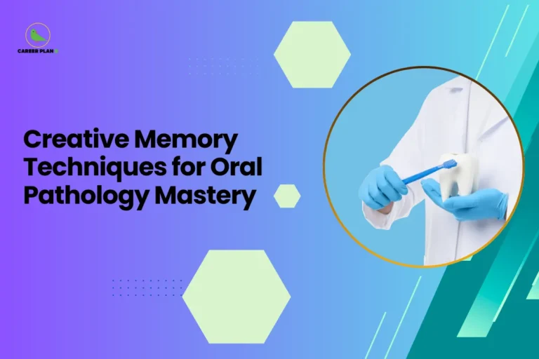 This banner continues the consistent Career Plan B design language with a smooth purple-to-teal gradient background, soft geometric hexagon accents, and a clean, modern educational layout. The headline reads, “Creative Memory Techniques for Oral Pathology Mastery,” clearly indicating a focused academic resource aimed at dental or medical students preparing for exams. On the right side, inside a circular frame, the image shows a medical professional wearing gloves and holding a dental model while demonstrating brushing technique with a toothbrush. This visual represents oral health education, clinical understanding, and practical learning—perfectly aligning with the theme of mastering oral pathology through smart study methods. At the top-left corner, the Career Plan B logo featuring the green bird icon reinforces the brand identity of guided preparation, strategic learning, and structured academic growth. The overall design communicates clarity, professionalism, and exam-focused expertise.