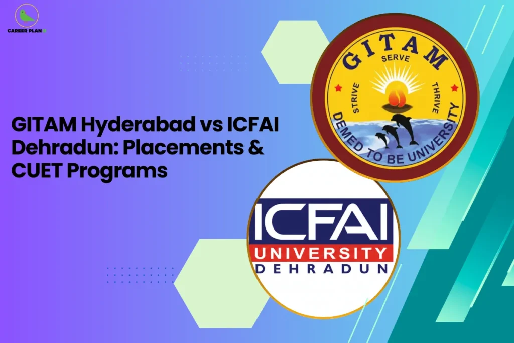 this image contains a purple-to-teal gradient educational graphic with the text “GITAM Hyderabad vs ICFAI Dehradun: Placements & CUET Programs” and two circular logos—GITAM Deemed to be University emblem with sun and dolphins, and ICFAI University Dehradun logo—plus hexagon shapes and the Career Plan B green bird logo in the top left, representing a university comparison visual